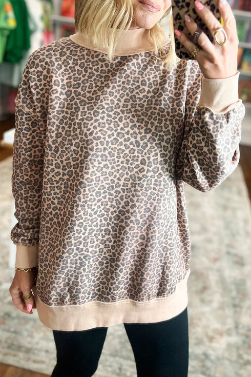 Leopard Print High Neck Long Sleeve Ribbed Cuffs Hem Sweatshirt