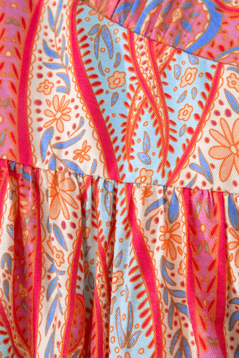 Paisley Print V Neck Short Sleeve Ruffle Bohemian Dress
