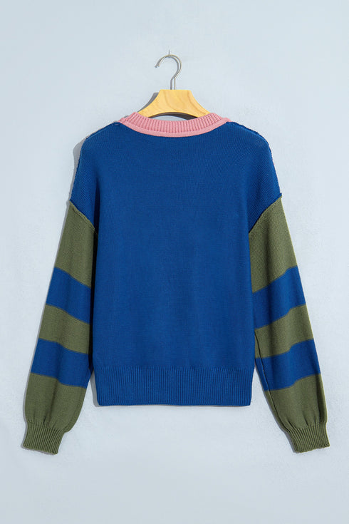 Western Patchwork Striped Long Sleeve Pullover Sweater