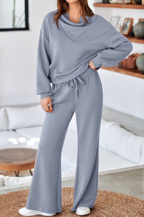 Cowl Neck Drawstring Pullover Wide Leg Pant Set