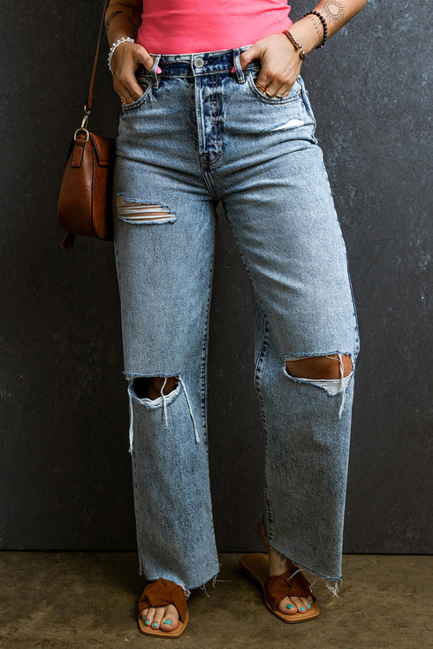 Distressed Ripped Raw Hem Casual Straight Jeans