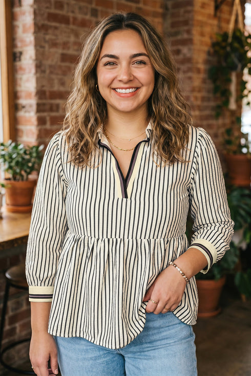Striped Pattern Patchwork V Neck Tunic Blouse