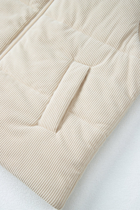 Textured Corduroy Stand Neck Zipped Puffer Vest