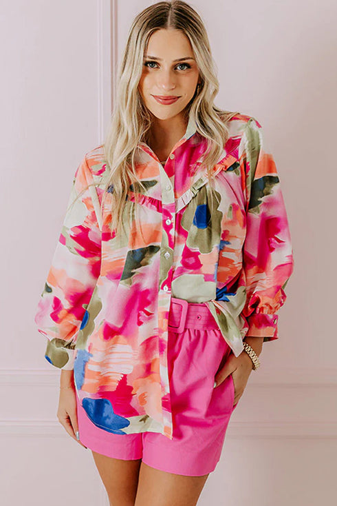 Abstract Floral Print Ruffle Detail Button Down Shirt