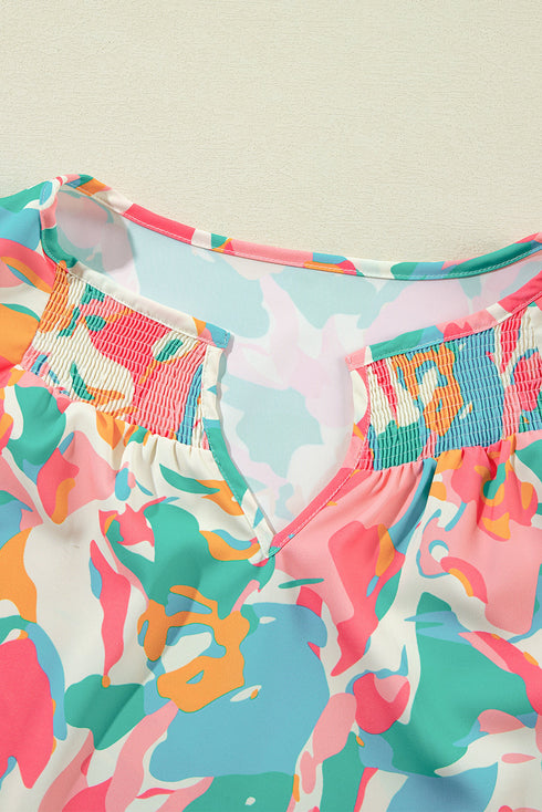 Abstract Print Ruffle Sleeve Smocked Wide Leg Pant Sets