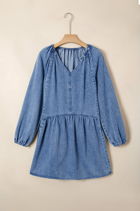 Western Puff Sleeve V Neck Ruffled Denim Mini Dress