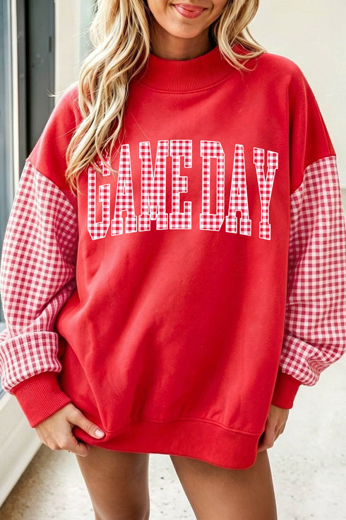Plaid Pattern Sleeve Mock Neck Graphic Sweatshirt