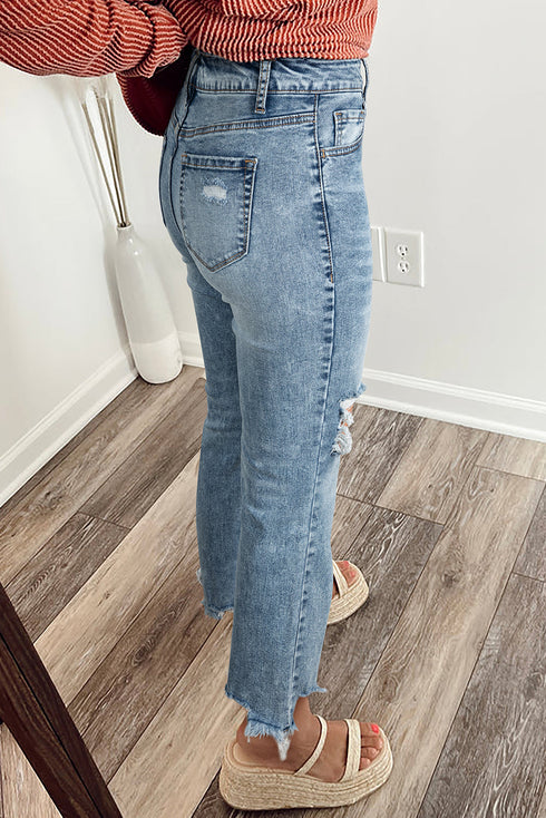 Distressed Open Knee Raw Hem Fit Flare Jeans