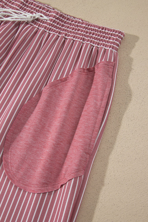 Raw Seam Patchwork Long Sleeve Top Pocketed Wide Leg Pant Set