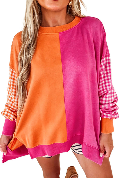 Polyester Cotton Blend Gingham Sleeve Crewneck Sweatshirt