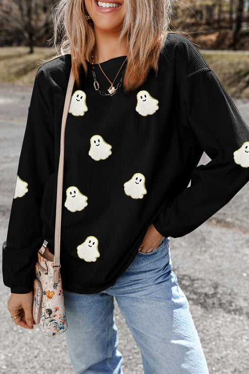 Oversized Ghost Print Corded Textured Pullover Sweatshirt