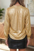 Metallic Sheen V Neck Gathered Cuff Long Sleeve Elegant Blouse