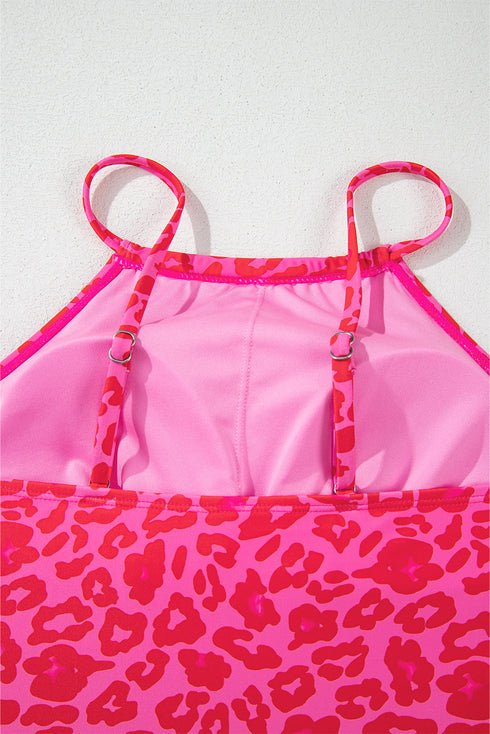 Leopard Print Asymmetrical Strap Swim Tankini Top