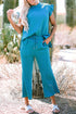 Solid Textured Ruffle Sleeve Cropped Wide Leg Pant Set
