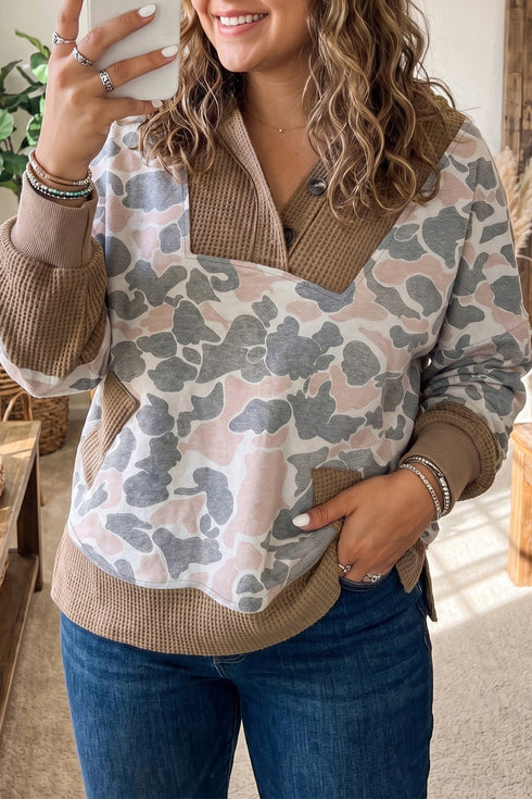 Camouflage Waffle Knit Patchwork Half Zip Hoodie