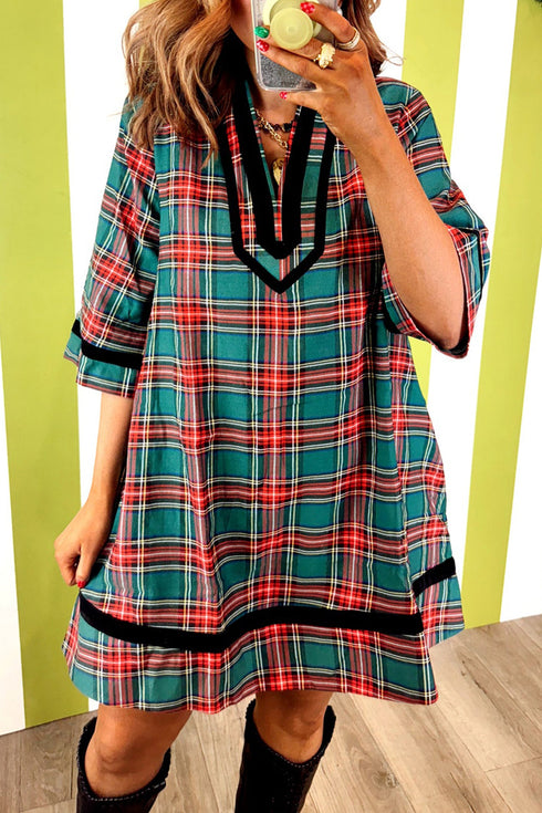 Plaid Velvet Trim Pockets Short Shift Mini Dress