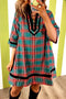 Plaid Velvet Trim Pockets Short Shift Mini Dress