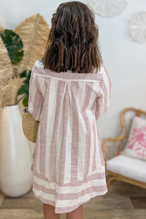 Striped Button Up Three Quarter Sleeve Short Shift Mini Dress