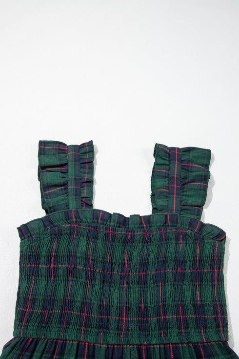 Southern Plaid Ruffle Sleeveless Shirred Bodice Tiered Midi Dress
