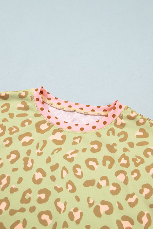 Leopard Polka Dot Trim Long Sleeve Top