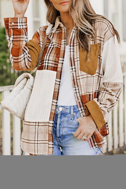 Textured Western Patchwork Corduroy Pocket Plaid Shacket