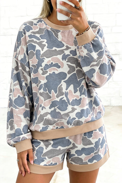 Camouflage Patchwork Two Piece Long Sleeve Short Set