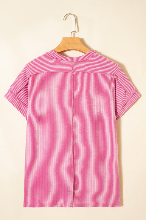 Solid Corded Textured Knit Exposed Stitching T-shirt
