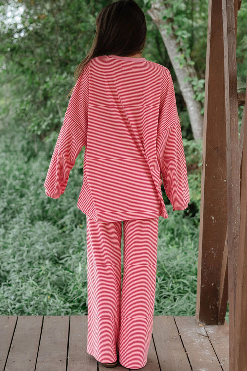 Striped Drop Shoulder Long Sleeve Pant Set