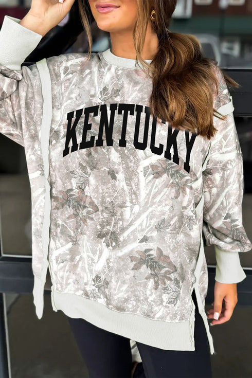 Kentucky Raw Seam Leafy Camouflage Baggy Graphic Sweatshirt