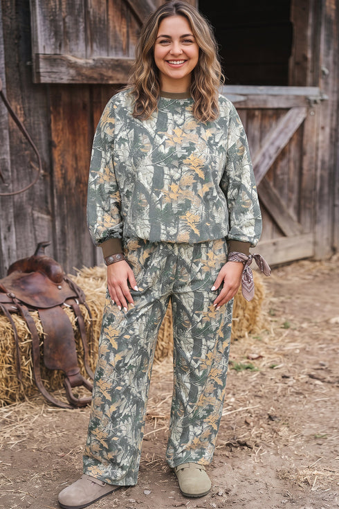 Jungle Camouflage Ribbed Trim Long Sleeve Lounge Set