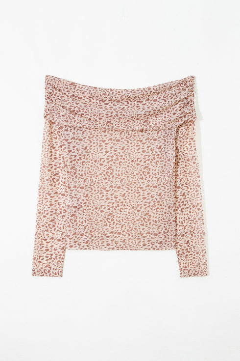 Leopard Print Foldover Off Shoulder Sheer Long Sleeve Mesh Top