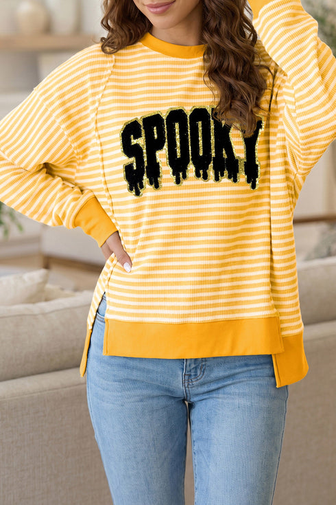 Spooky Slogan Stripe Split Hem Long Sleeve Sweatshirt