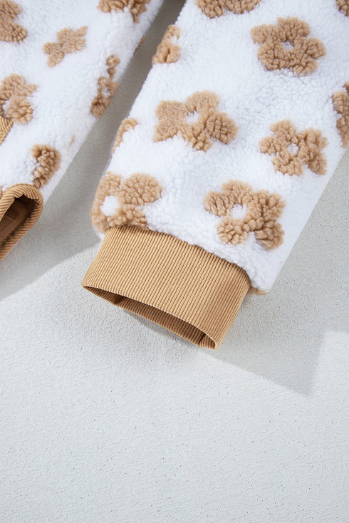 Flower Pattern Button Up Sherpa Fleece Jacket