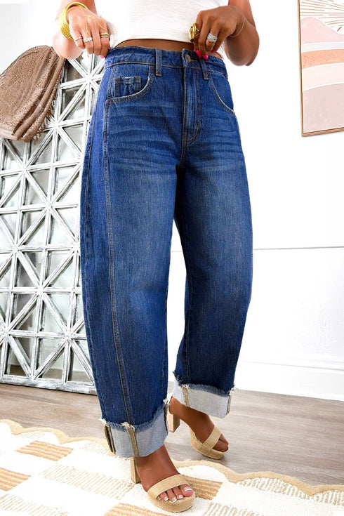Raw Hem Turnup Loose Ankle Length Jeans