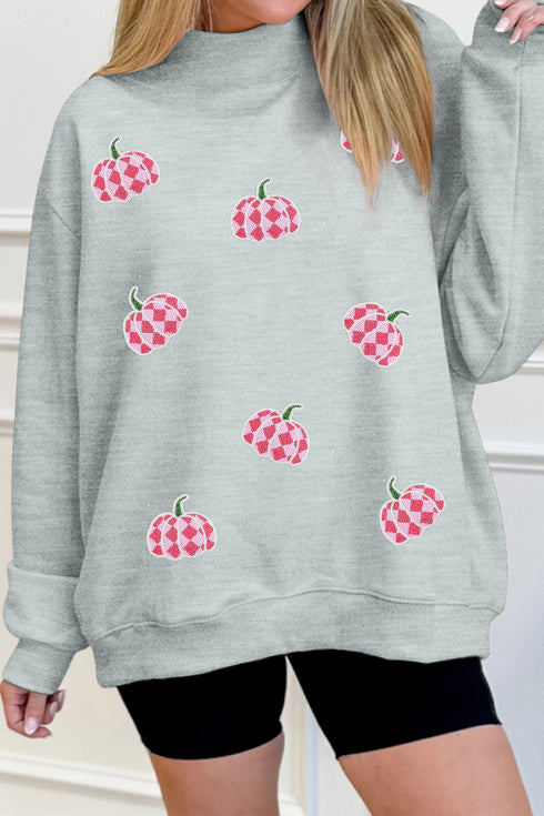 Sequined Pumpkin Graphic Mock Neck Baggy Pullover Sweatshirt