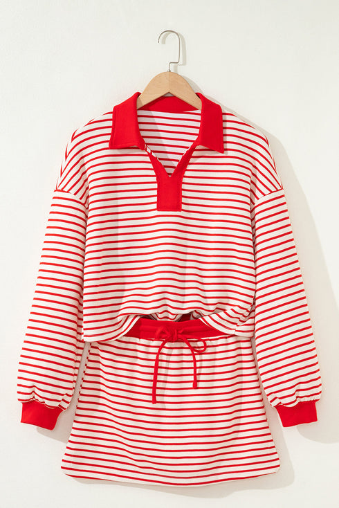 Striped Collared V Neck Pullover Skort Two Piece Dress
