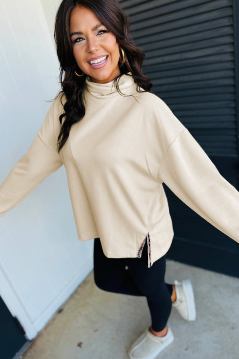 Mock Neck Long Sleeve Leopard Split Hem Top