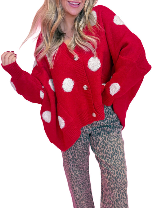 Oversized Polka Dot Button Front V Neck Cardigan