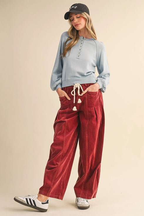 Polyester Racing Elastic Waist Drawstring Corduroy Pants