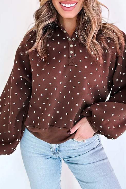 Polka Dot Print Collar Pullover Metal Button Sweatshirt