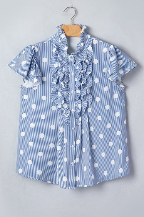 Stripe Polka Dot Print Pleated Ruffle Sleeve Blouse