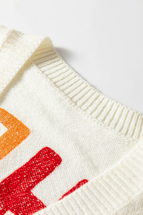 Slogan V Neck Button Front Embroidered Knit Cardigan