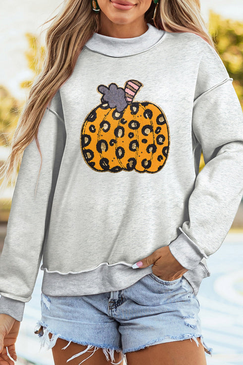 Leopard Print Pumpkin Graphic Mock Neck Sweatshirt