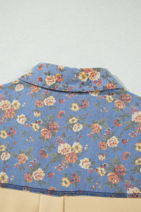 Romantic Floral Denim Collar Patchwork V Neck Top