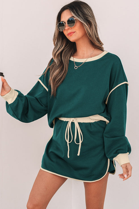 Paneled Loose Pullover And Lace Up Skort Two Piece Set