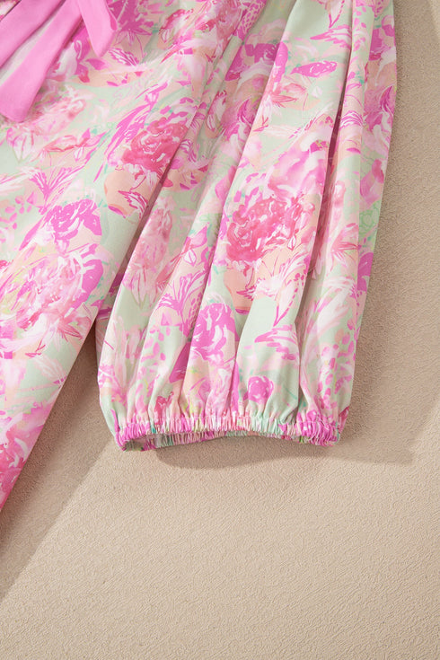 Southern Belle Floral Ribbon Knot Puff Sleeve Blouse