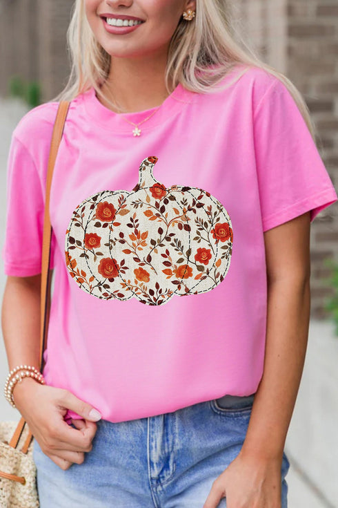 Floral Pumpkin Printed Graphic Round Neck Statement Tee