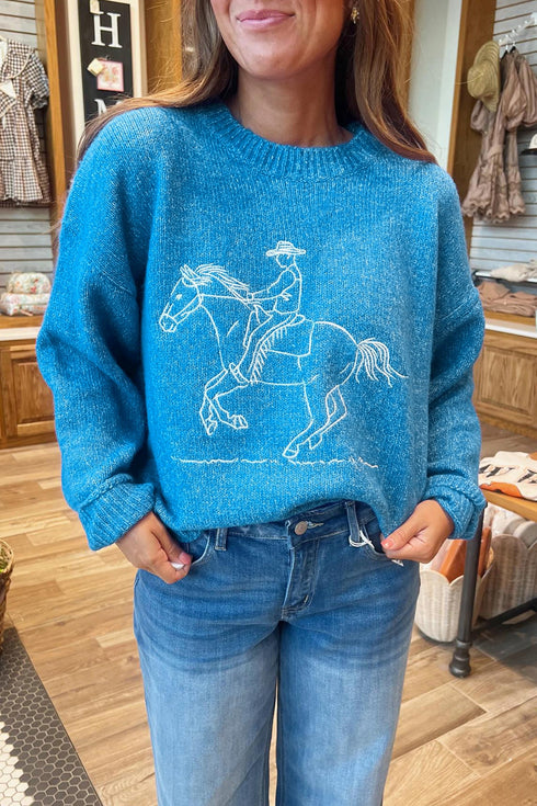 Acrylic Western Embroidery Drop Shoulder Pullover Sweater
