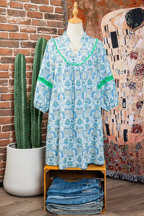 Bohemian Paisley Print Rick Rack Patchwork Loose Mini Dress