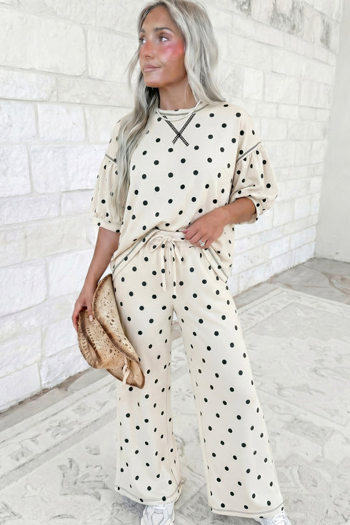 Polka Dot Half Sleeve Loose Top Elastic Waist Pant Set
